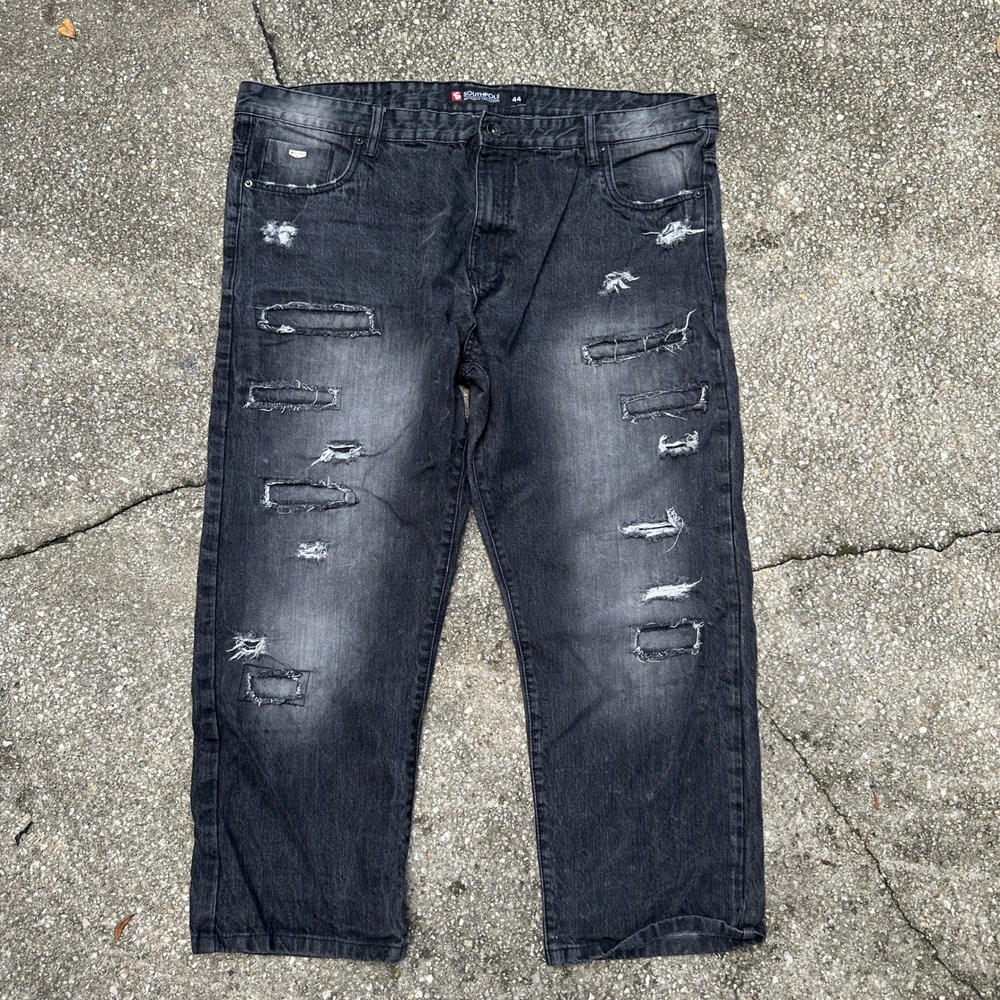 Southpole Mens Distressed Black Denim Jeans Size 44 Streetwear Baggy Hip Hop